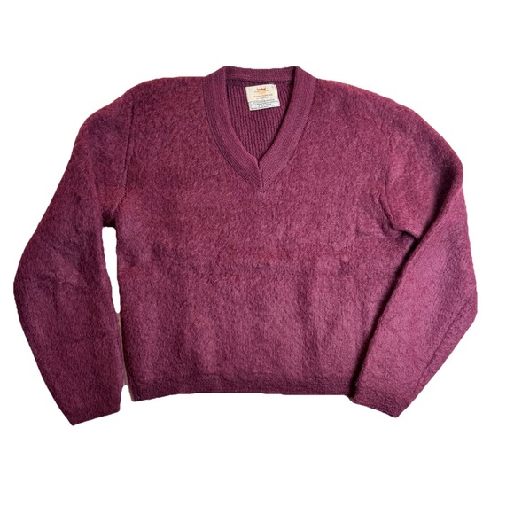 Vintage Mohair Sweater Mens Large Burgundy‎ Forum Fuzzy V Neck Worsted Wool T90